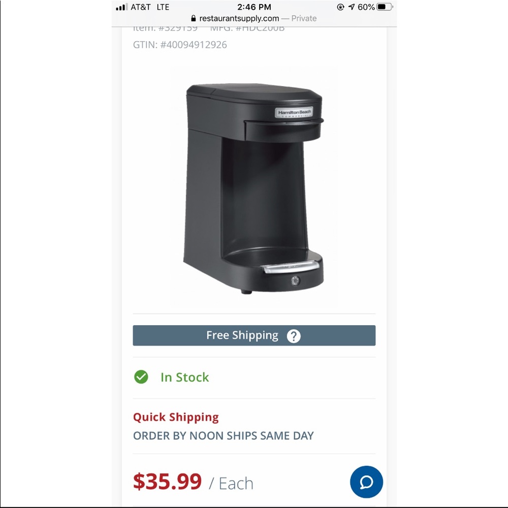 Coffeemaker for single cup.